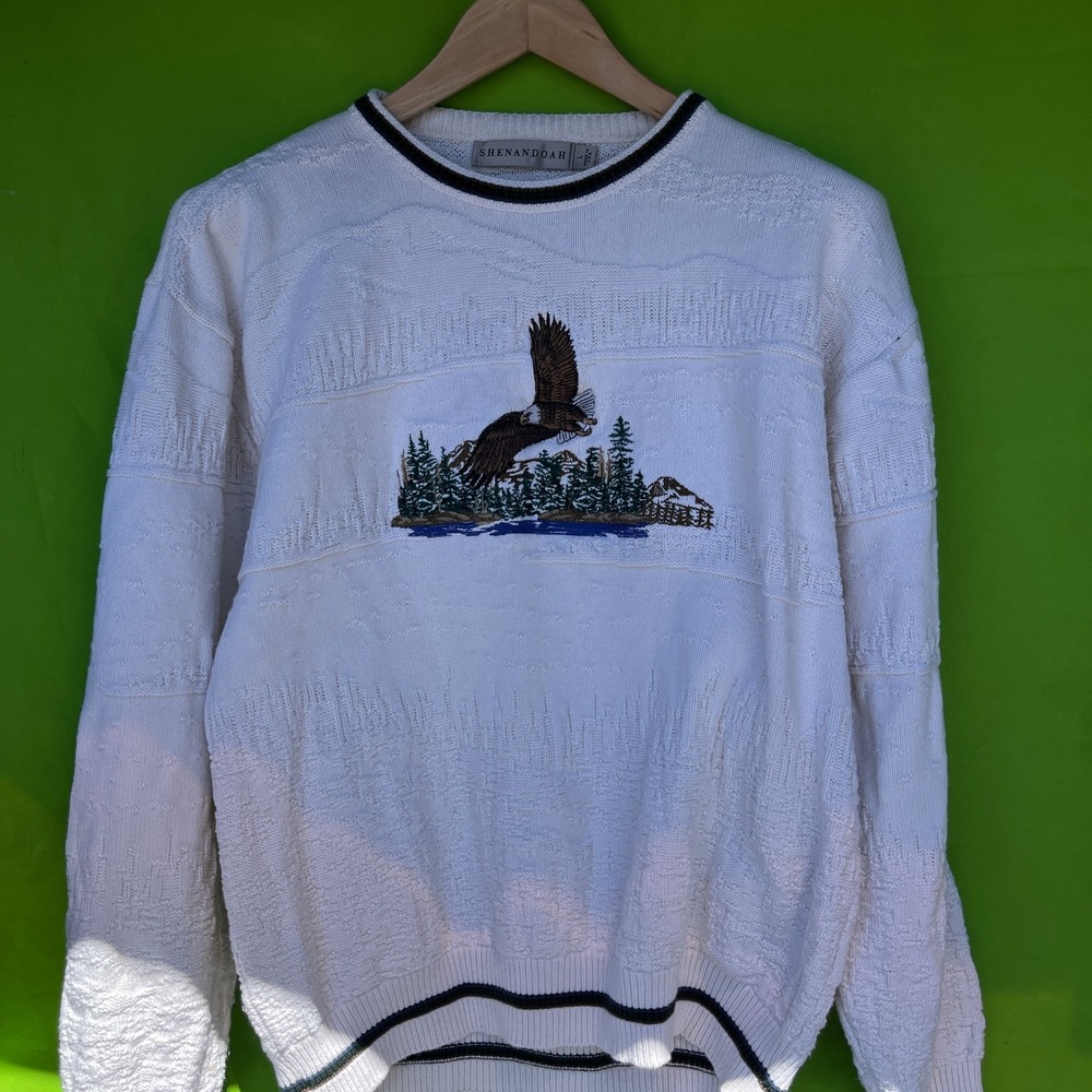 90s Vintage Shenandoah Eagle Embroidered Knit Sweater Mens Large Cream USA